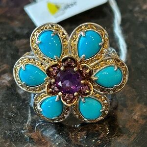 Vibrant Blue and Purple Floral Ring with Ornate Gold Setting